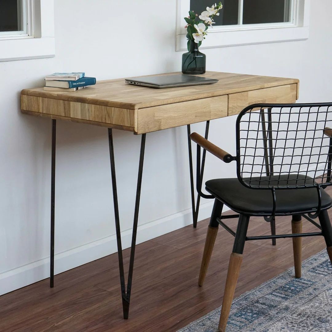 Solid Wood Computer Desk with 2 Drawers - Home Office Desk, Mid Century Model