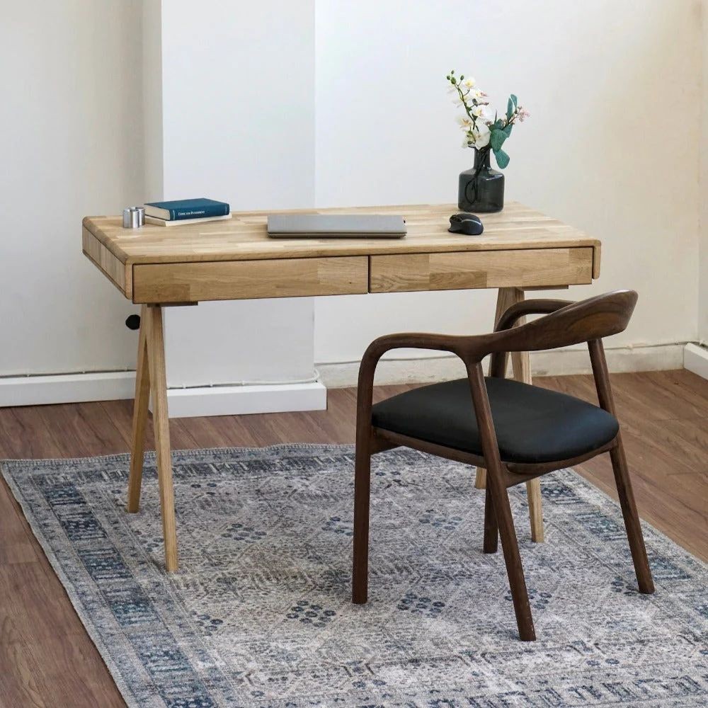 Solid Wood Desk, Computer Desk with 2 Drawers - Mid Century