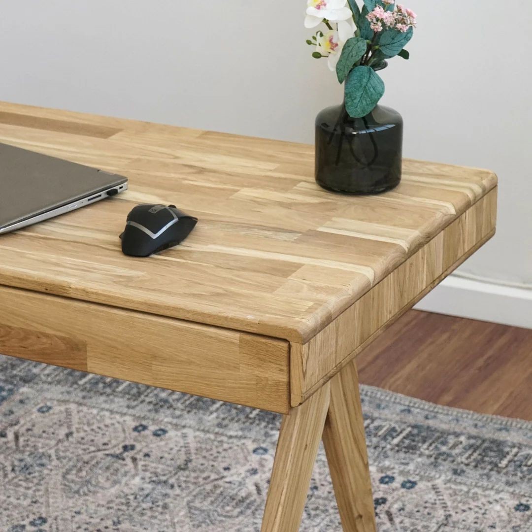 Solid Wood Desk, Computer Desk with 2 Drawers - Mid Century