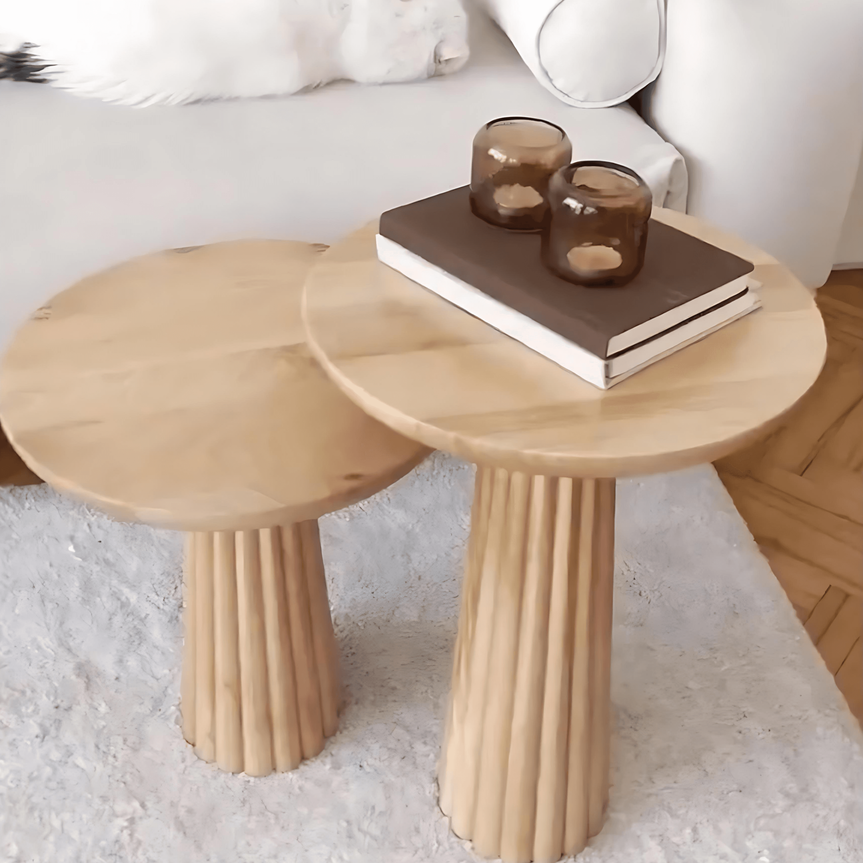 Wooden Set of 2 Cork Side Table Corrugated Modern Natural Color