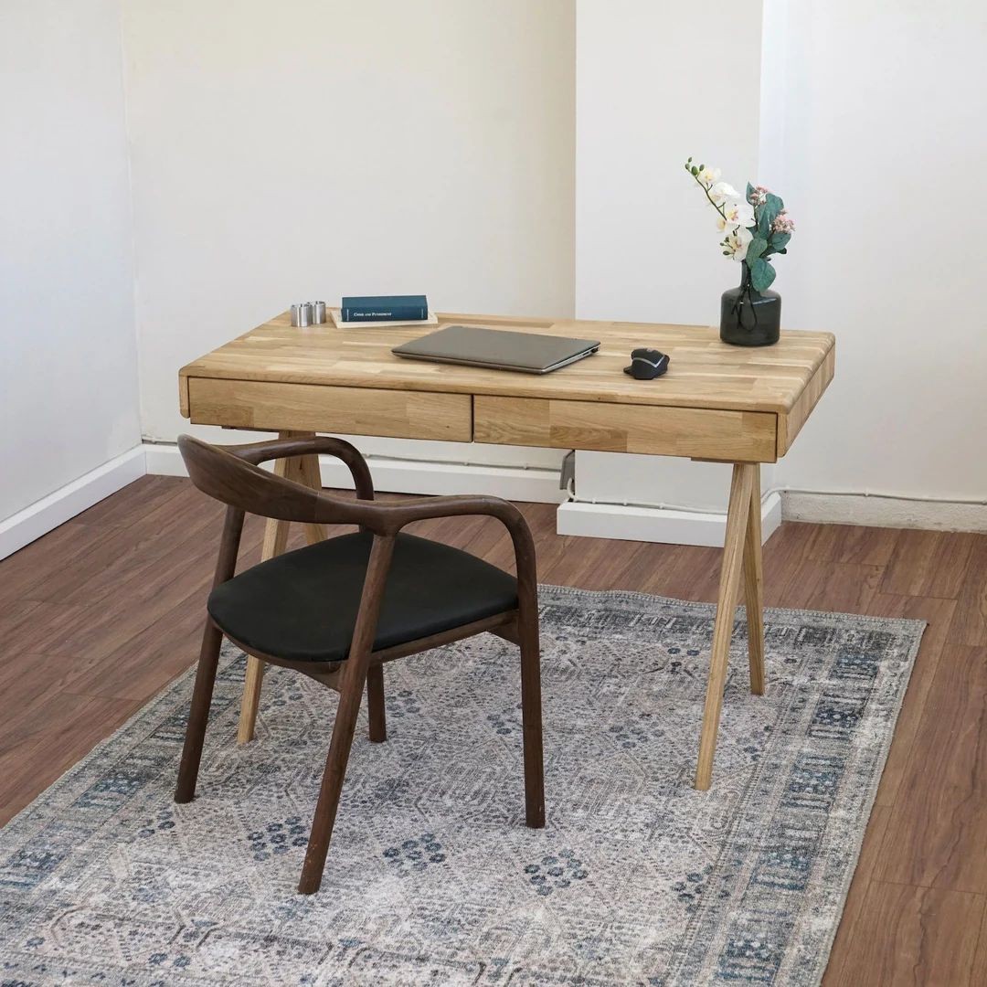 Solid Wood Desk, Computer Desk with 2 Drawers - Mid Century