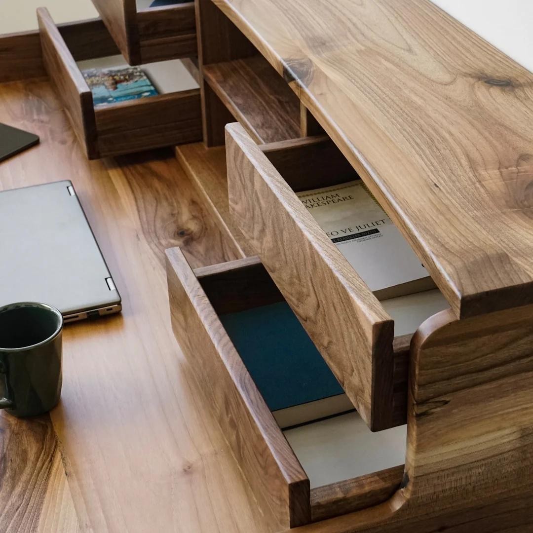 Haven Office and Study Desk - Walnut - Office Desk with 2 Drawers and 2 Shelves (Handmade)