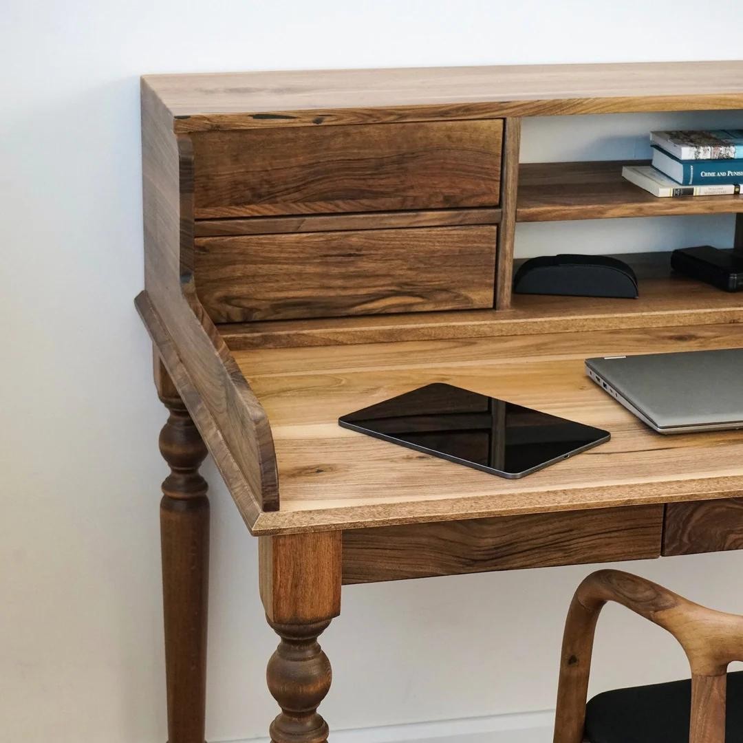 Haven Office and Study Desk - Walnut - Office Desk with 2 Drawers and 2 Shelves (Handmade)