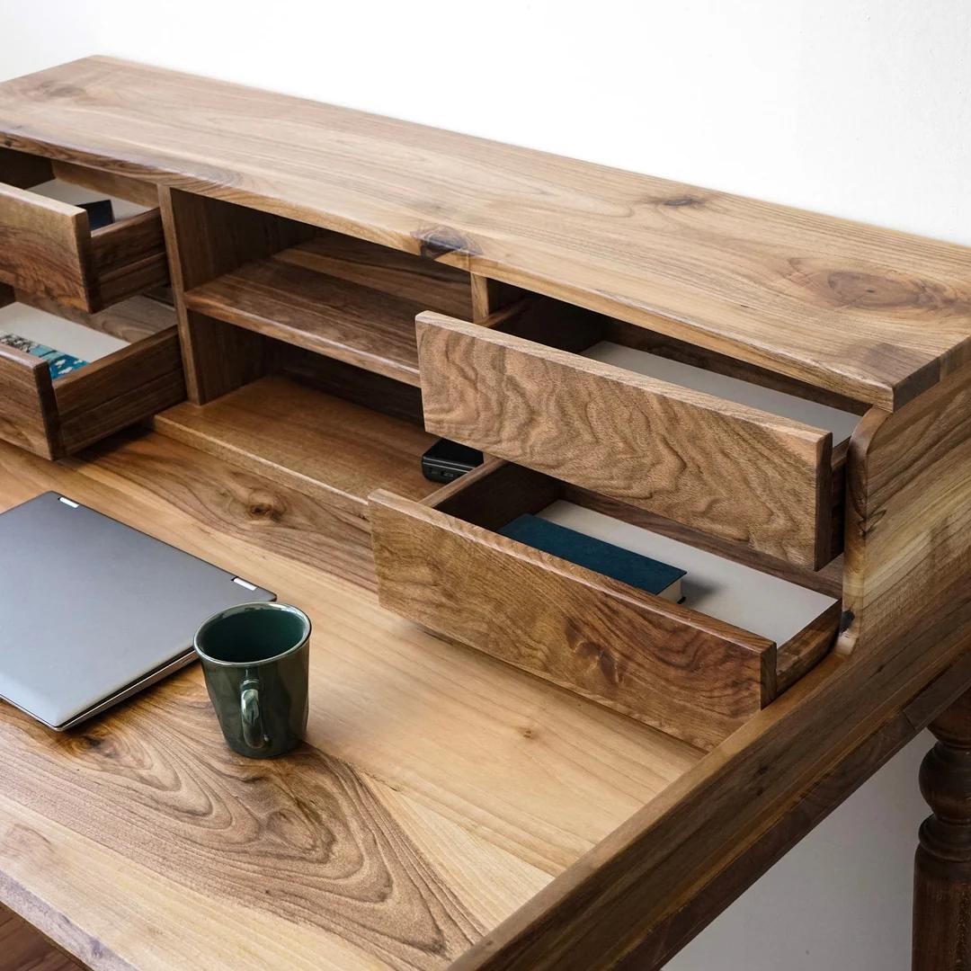 Haven Office and Study Desk - Walnut - Office Desk with 2 Drawers and 2 Shelves (Handmade)