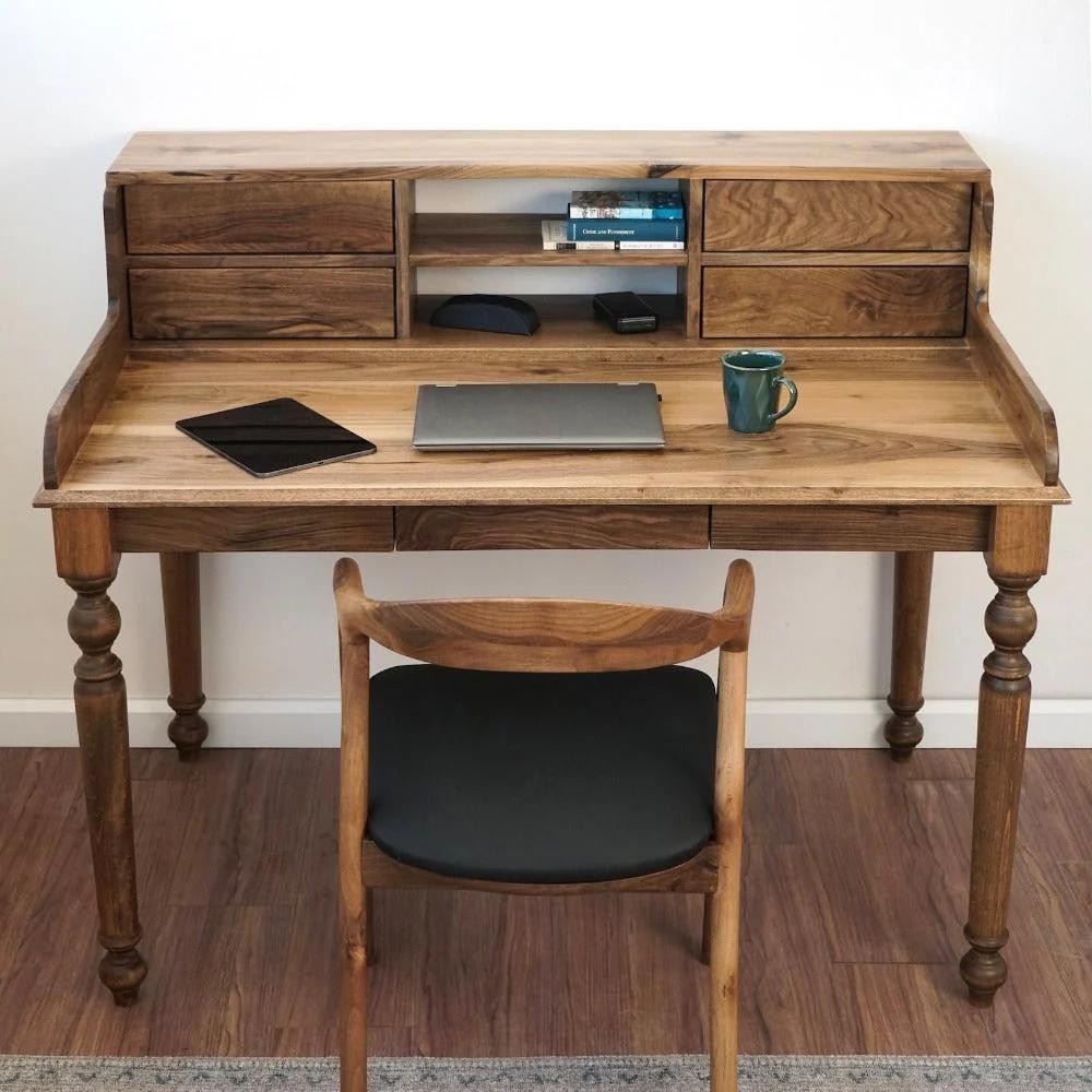 Haven Office and Study Desk - Walnut - Office Desk with 2 Drawers and 2 Shelves (Handmade)