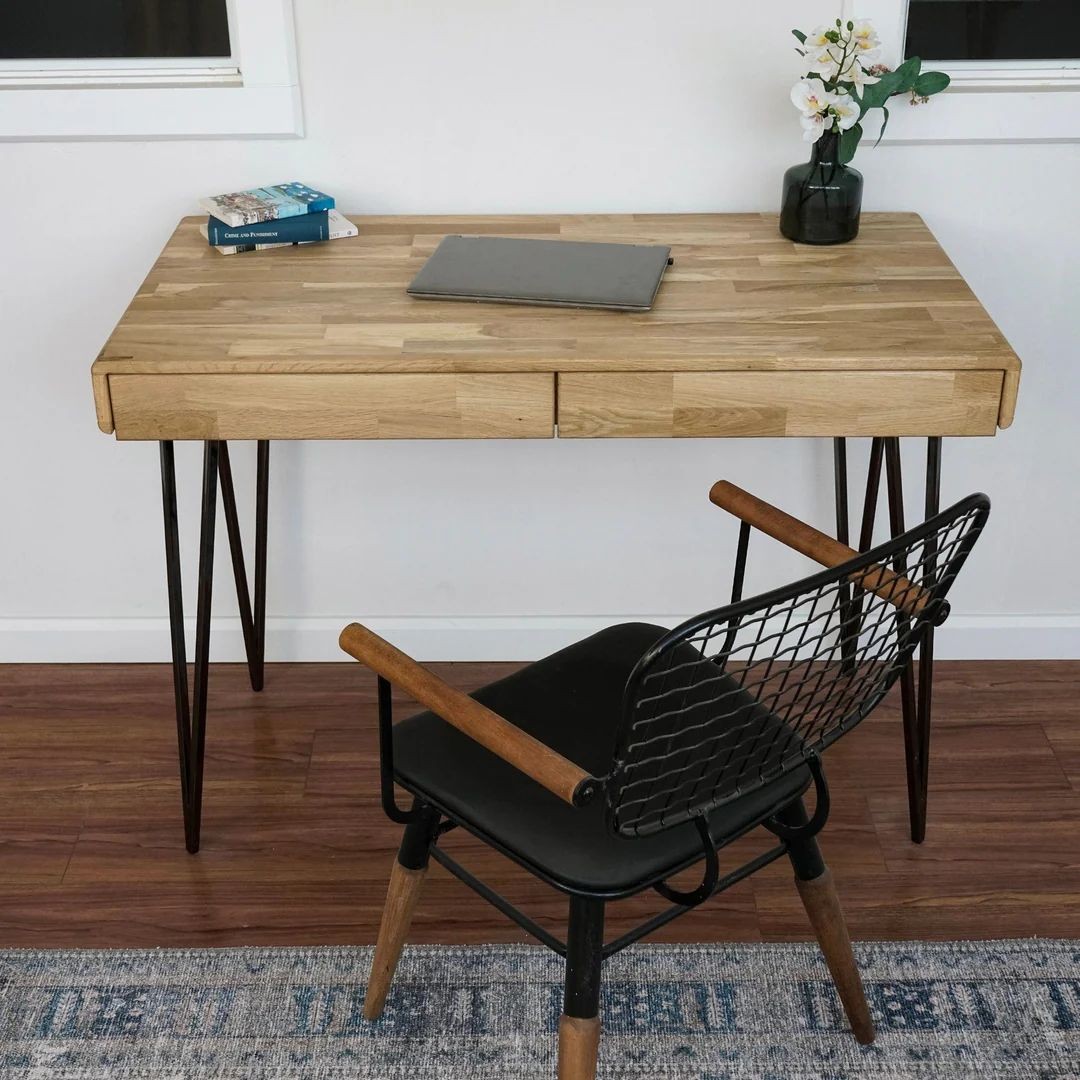 Solid Wood Computer Desk with 2 Drawers - Home Office Desk, Mid Century Model