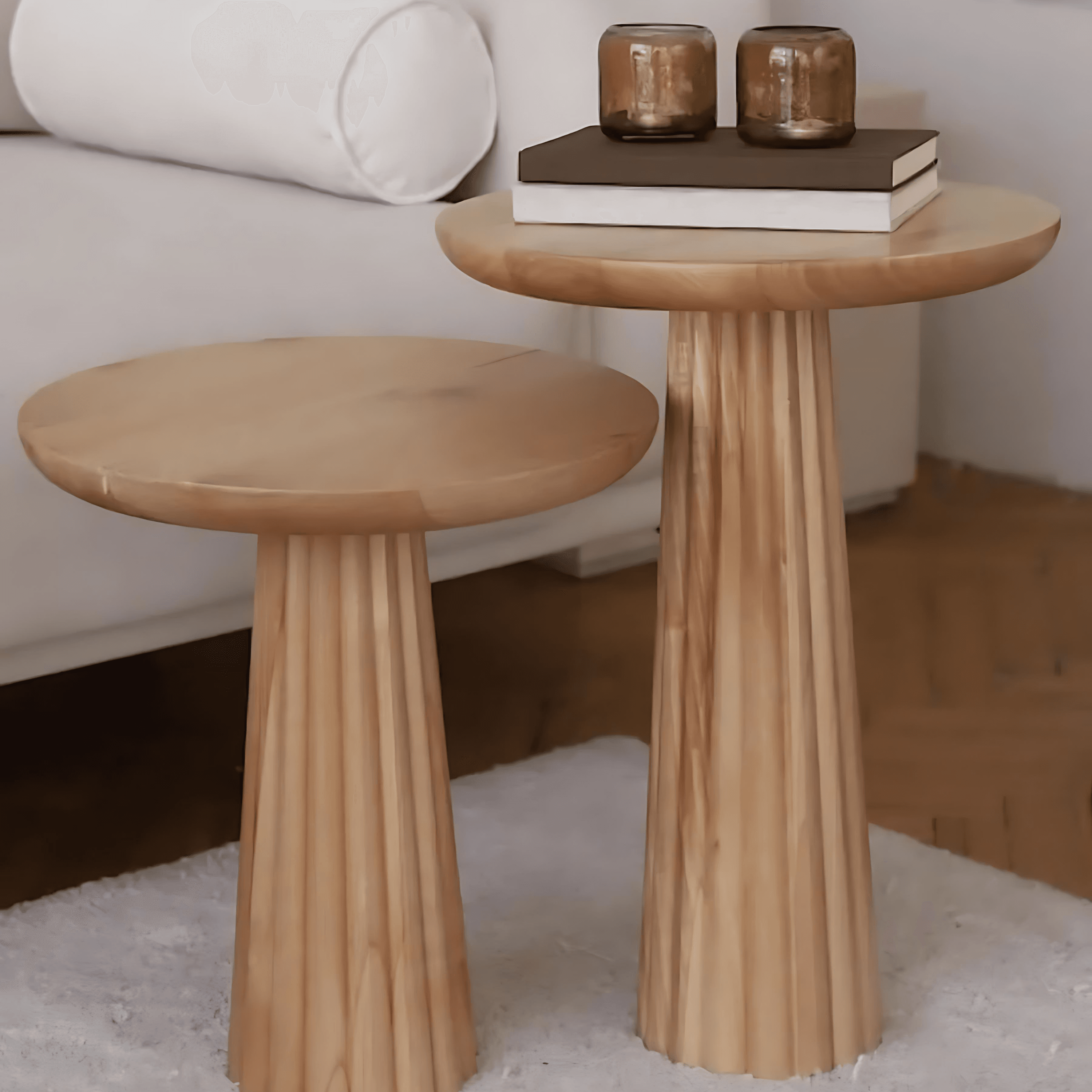 Wooden Set of 2 Cork Side Table Corrugated Modern Natural Color