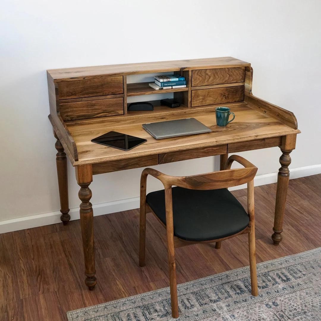 Haven Office and Study Desk - Walnut - Office Desk with 2 Drawers and 2 Shelves (Handmade)