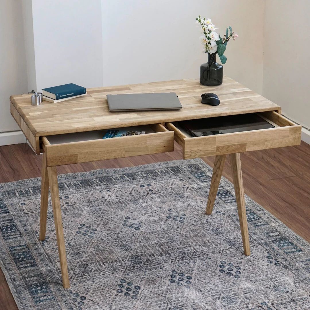 Solid Wood Desk, Computer Desk with 2 Drawers - Mid Century