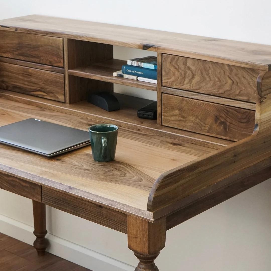 Haven Office and Study Desk - Walnut - Office Desk with 2 Drawers and 2 Shelves (Handmade)