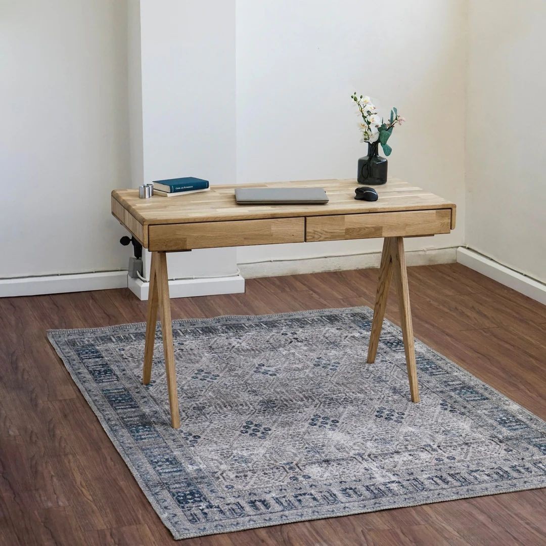 Solid Wood Desk, Computer Desk with 2 Drawers - Mid Century