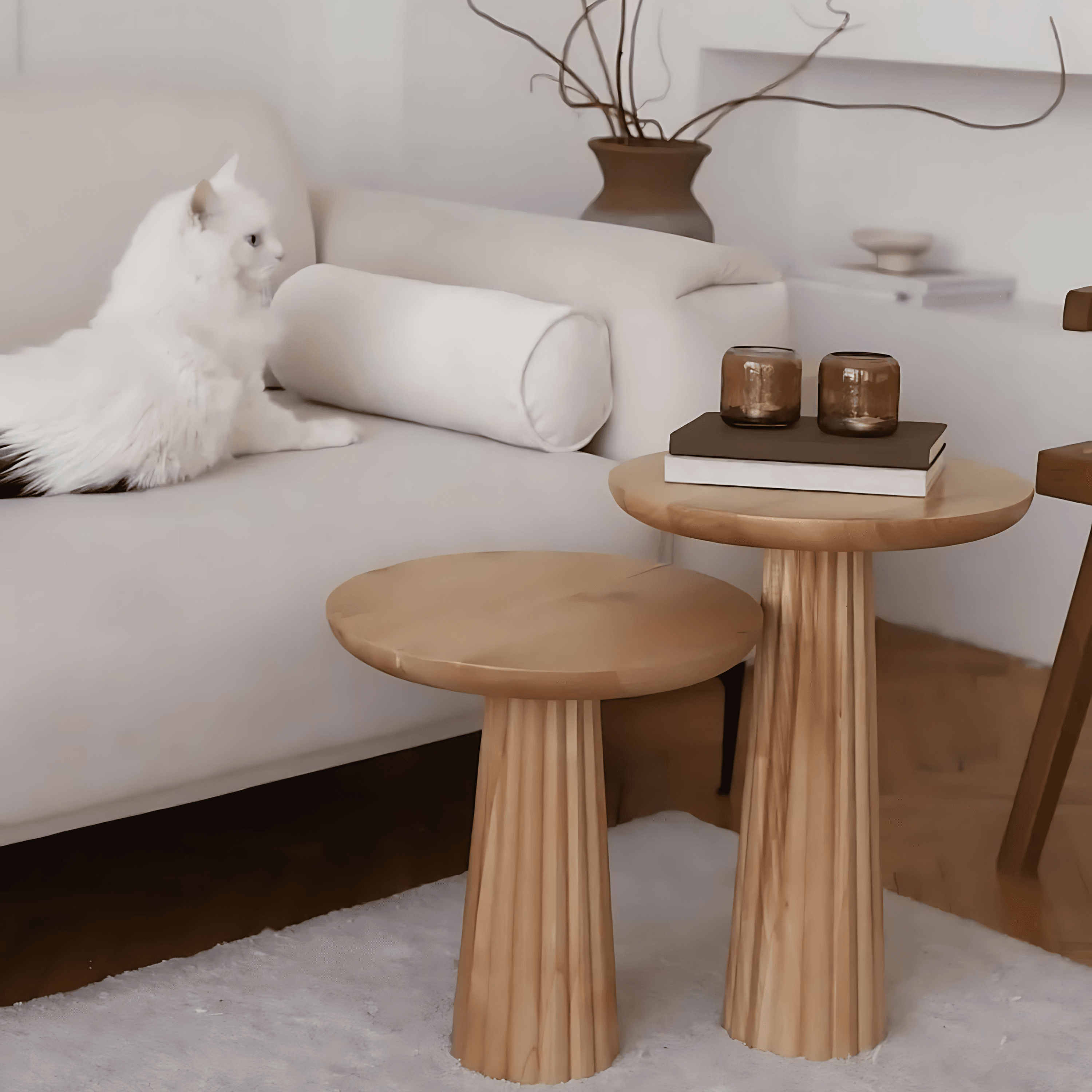 Wooden Set of 2 Cork Side Table Corrugated Modern Natural Color