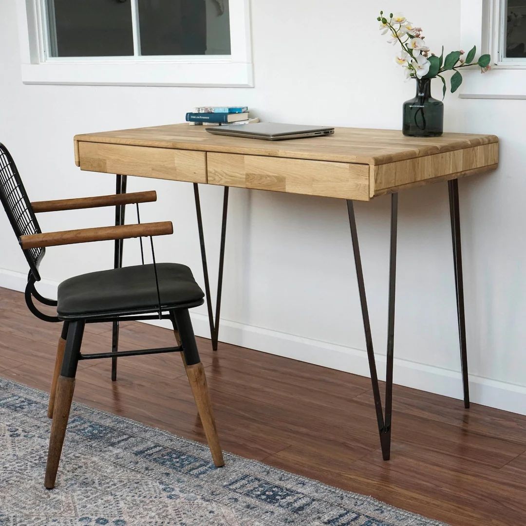 Solid Wood Computer Desk with 2 Drawers - Home Office Desk, Mid Century Model