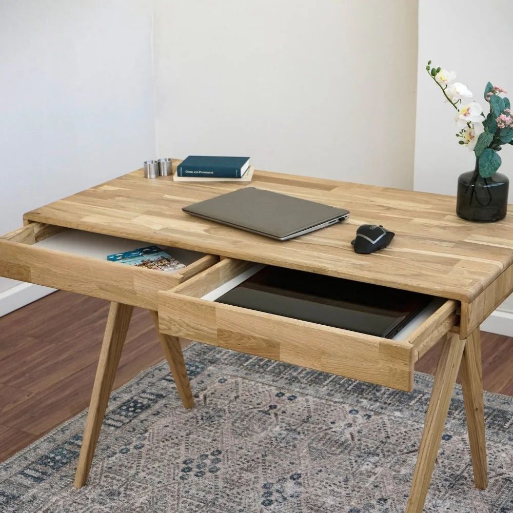 Solid Wood Desk, Computer Desk with 2 Drawers - Mid Century