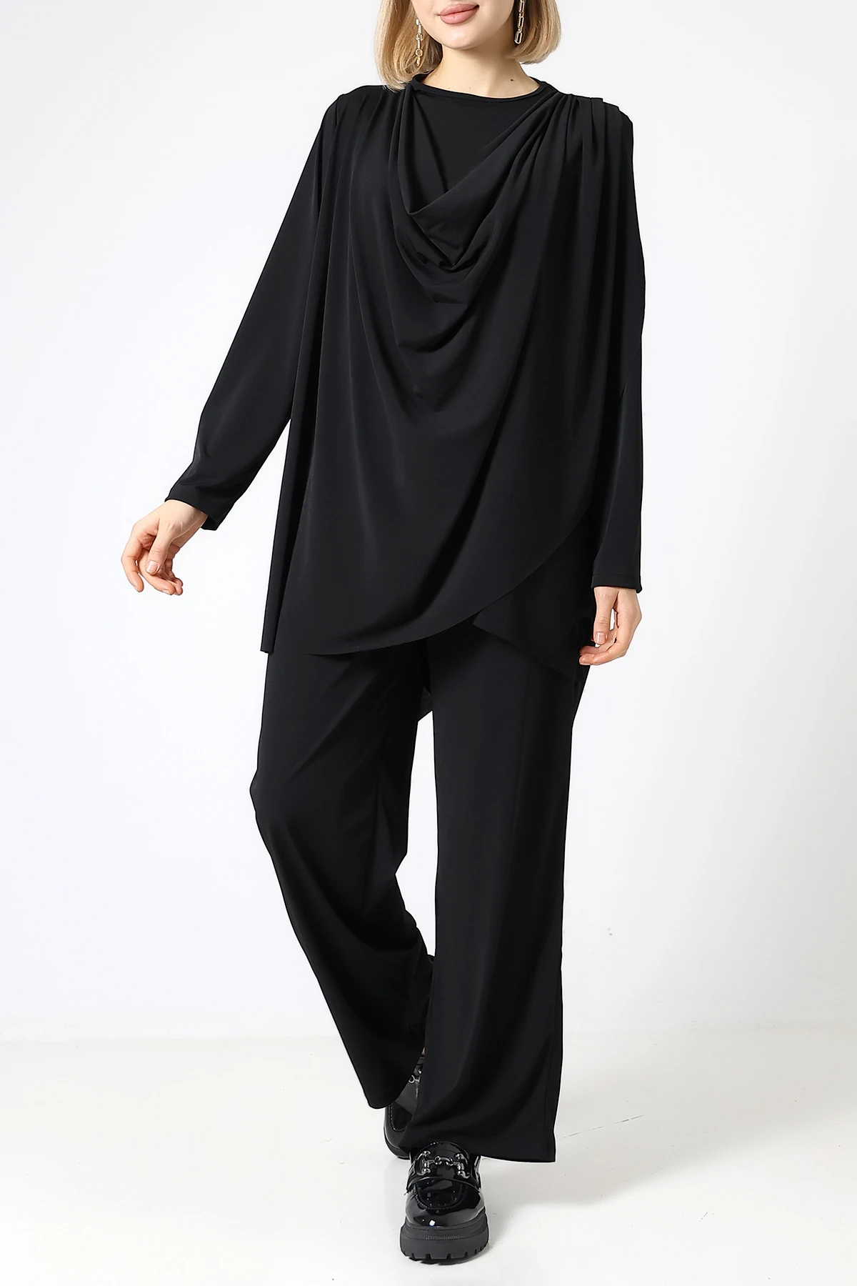 SABR Sandy Drapeli Asimetrik Tunik & Pantolon İkili Takım – Zarif Günlük Şıklık - Siyah Sandy