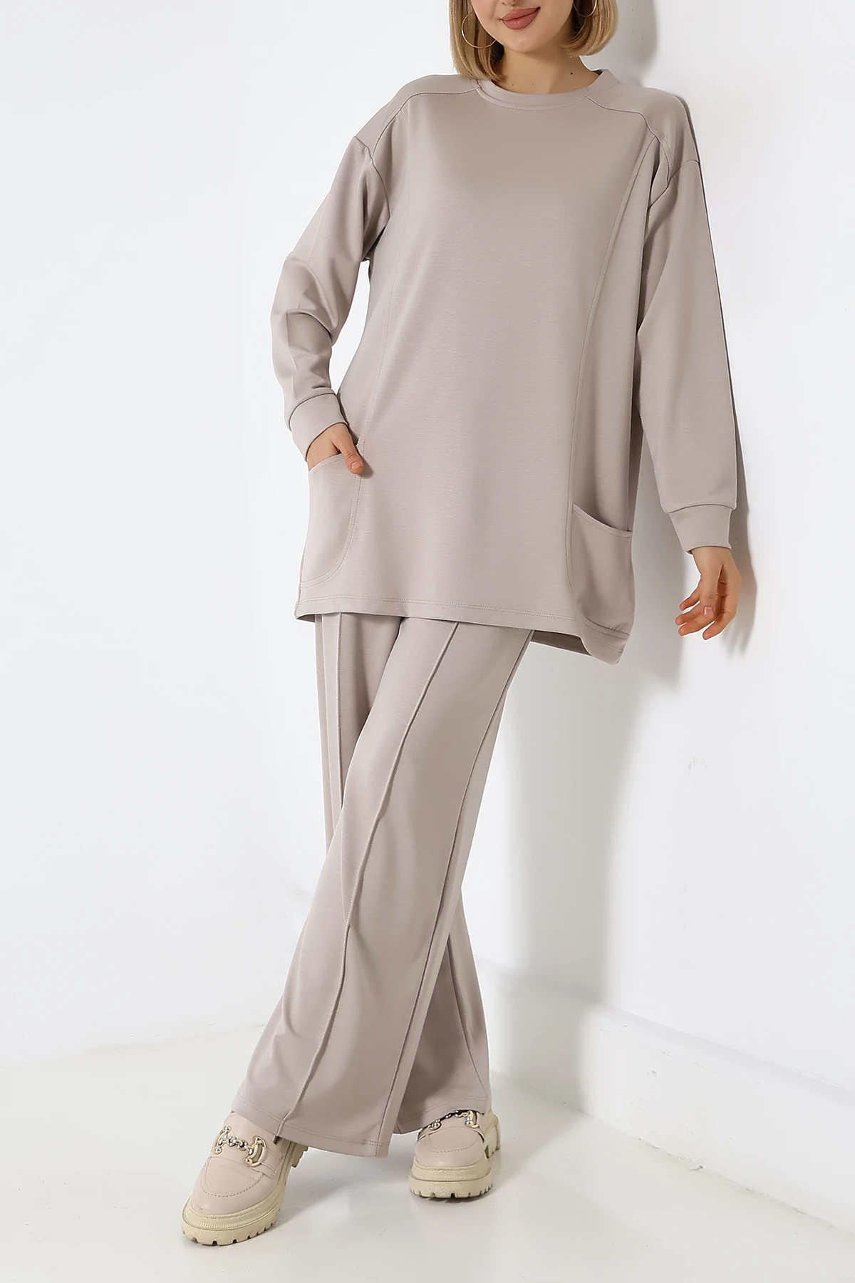 SABR Düz Polyviskon Cepli Tunik & Pantolon İkili Takım – Günlük Şık Kombin