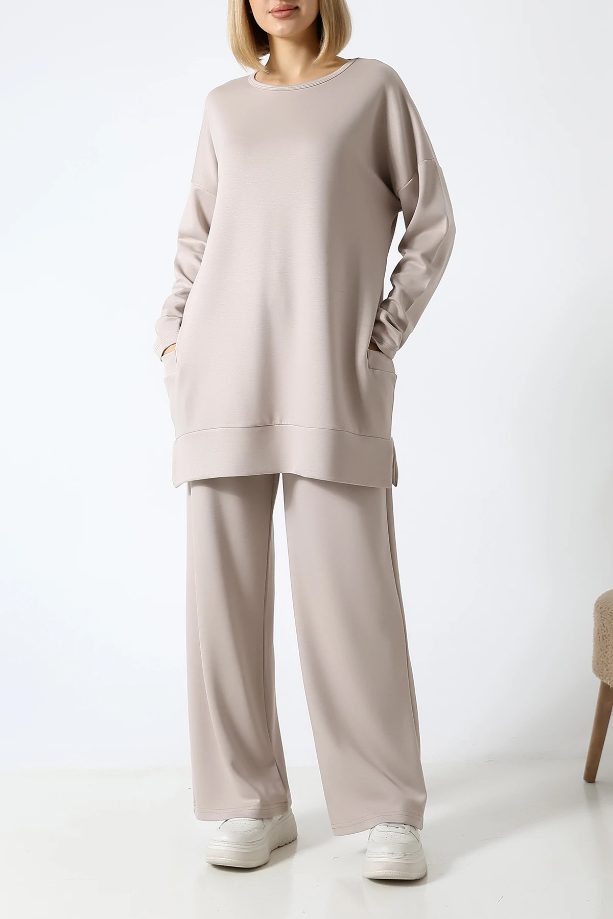 SABR Düz PolyViskon Kumaş İkili Takım – Rahat Kesim Tunik & Pantolon Kombini - Taş PolyViskon