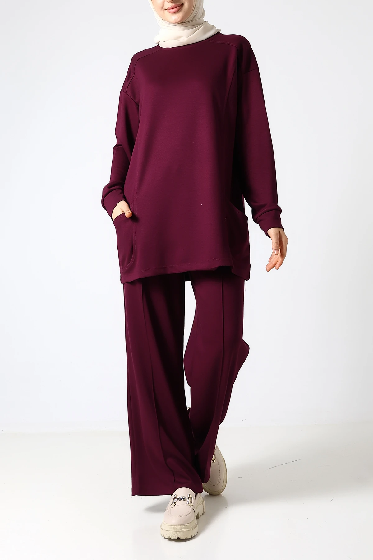 SABR Düz Polyviskon Cepli Tunik & Pantolon İkili Takım – Günlük Şık Kombin - Mürdüm PolyViskon