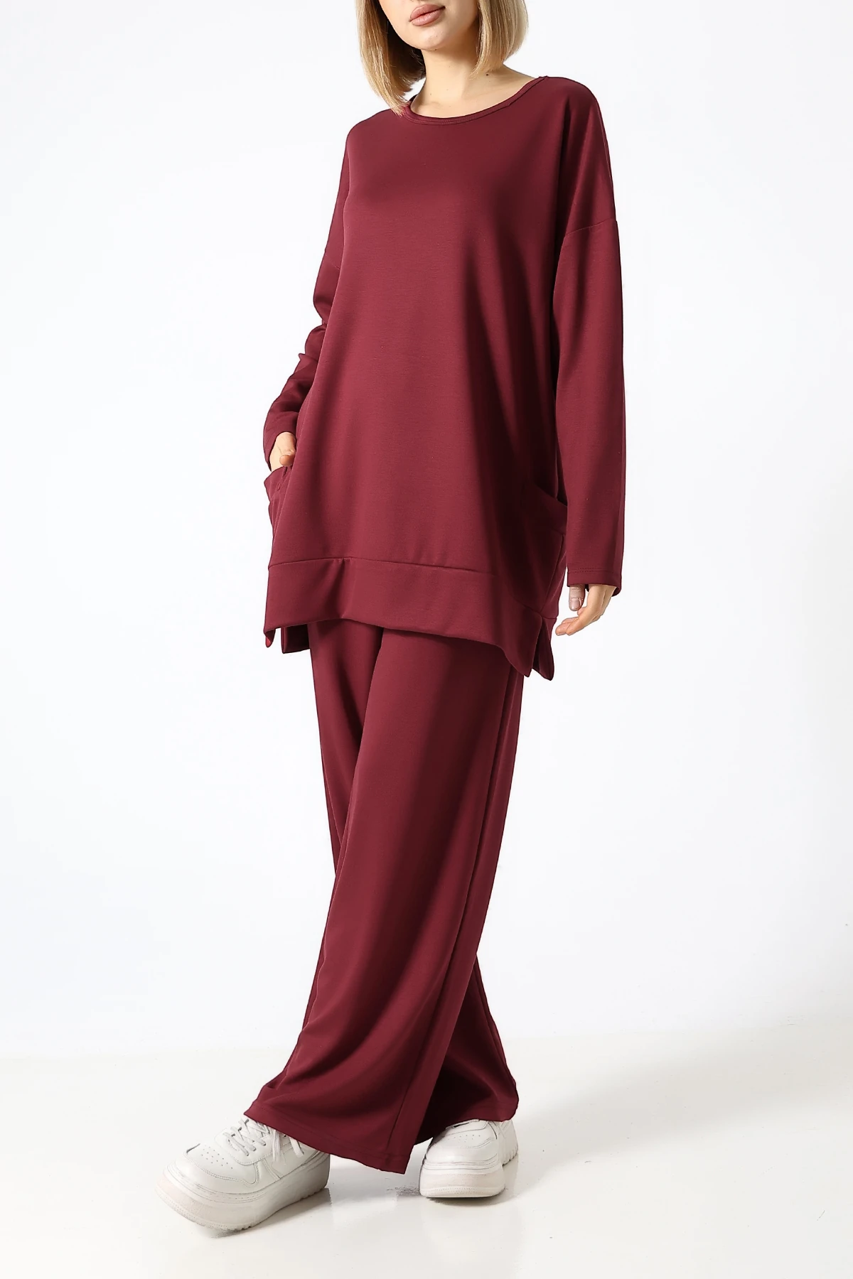 SABR Düz PolyViskon Kumaş İkili Takım – Rahat Kesim Tunik & Pantolon Kombini - Bordo PolyViskon