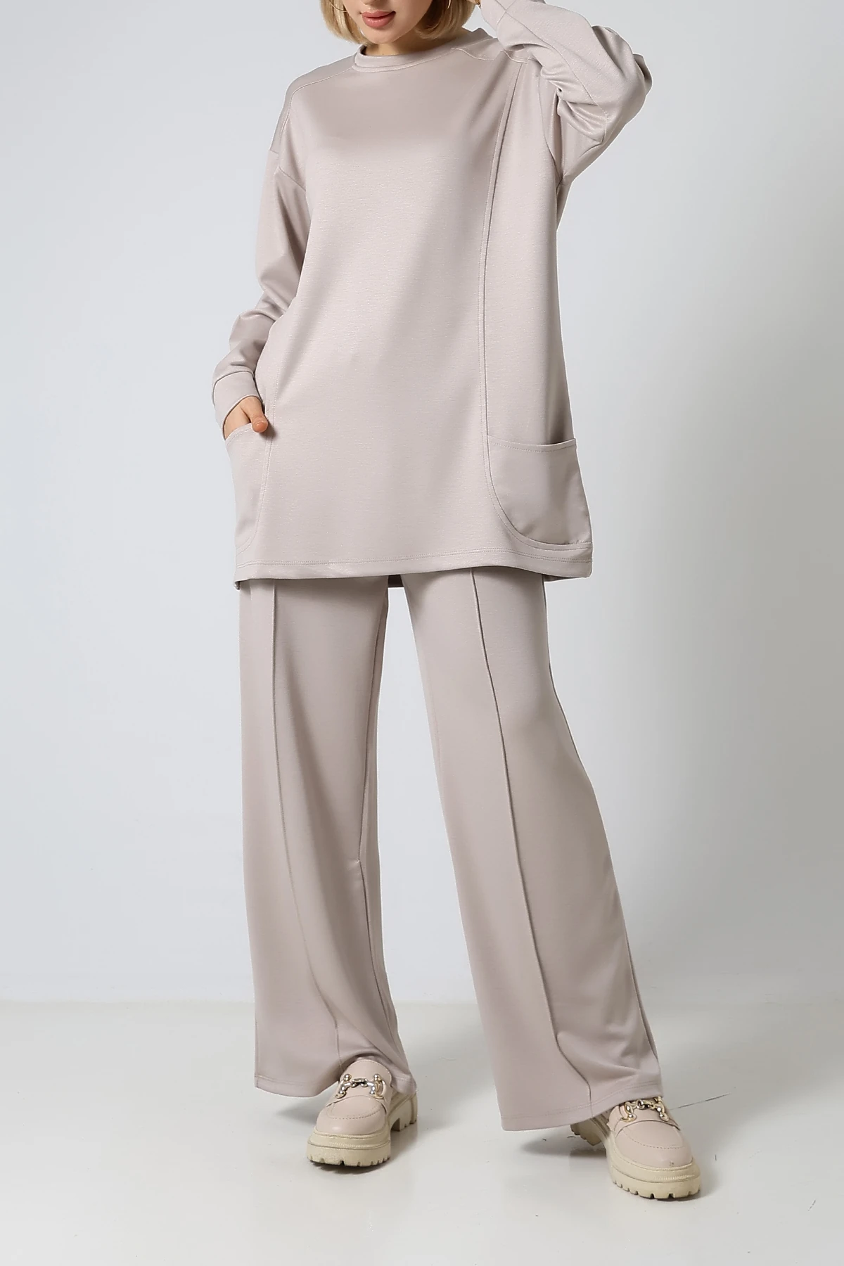SABR Düz Polyviskon Cepli Tunik & Pantolon İkili Takım – Günlük Şık Kombin