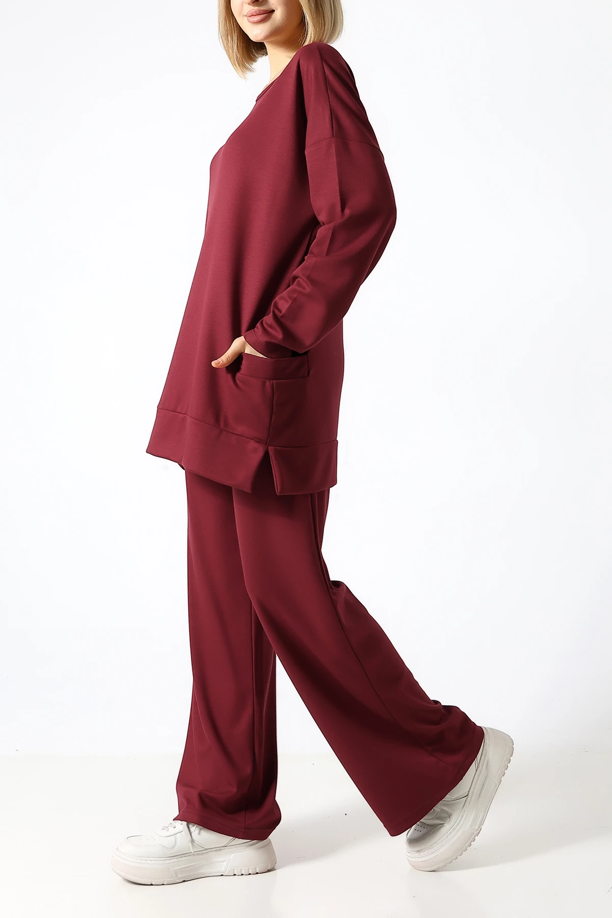 SABR Düz PolyViskon Kumaş İkili Takım – Rahat Kesim Tunik & Pantolon Kombini