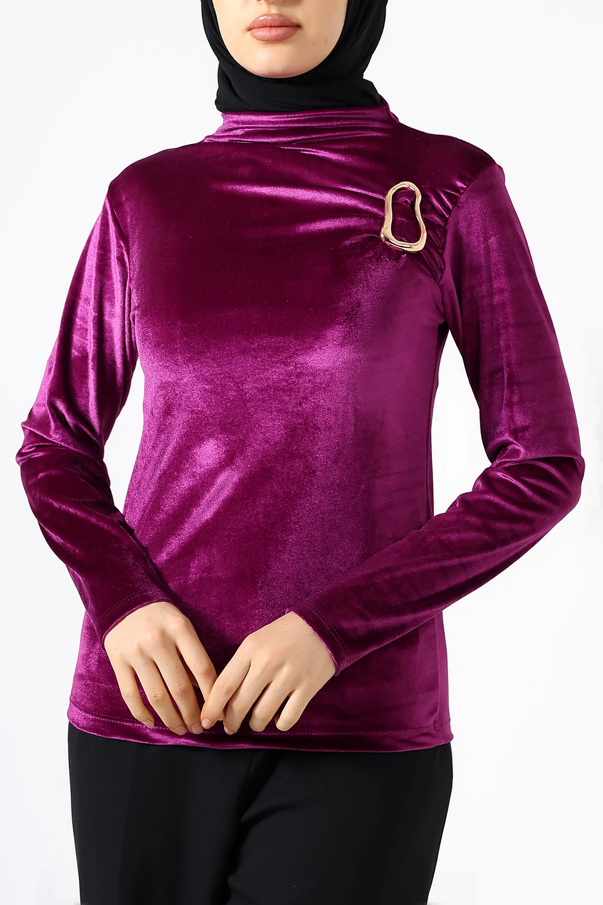 SABR Kadife Yarım Balıkçı Yaka Tokalı Bluz – Zarif & Şık Kadın Bluz - Magenta Kadife