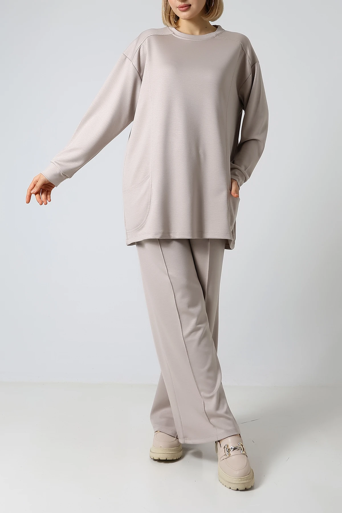 SABR Düz Polyviskon Cepli Tunik & Pantolon İkili Takım – Günlük Şık Kombin