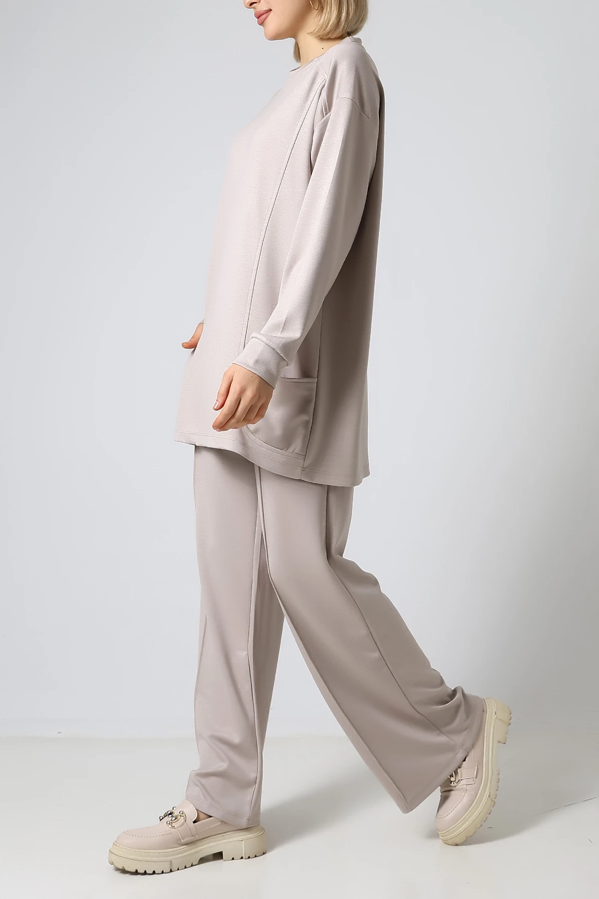 SABR Düz Polyviskon Cepli Tunik & Pantolon İkili Takım – Günlük Şık Kombin