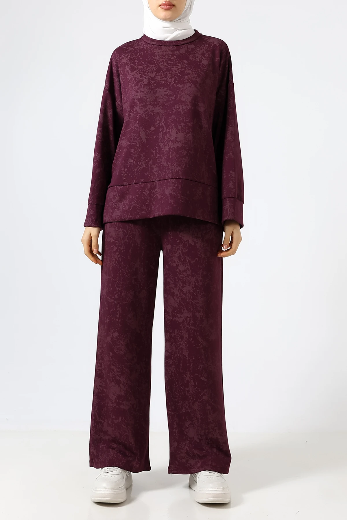 SABR Baskılı PolyViskon Kumaş İkili Takım – Rahat ve Şık Tunik & Pantolon Kombini - Mürdüm PolyViskon
