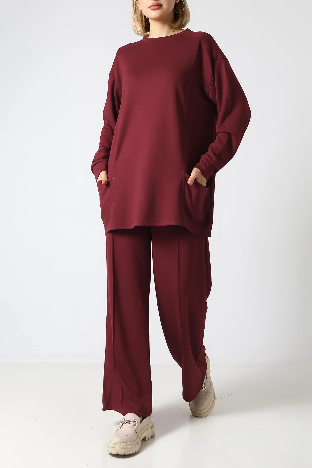 SABR Düz Polyviskon Cepli Tunik & Pantolon İkili Takım – Günlük Şık Kombin - Bordo PolyViskon