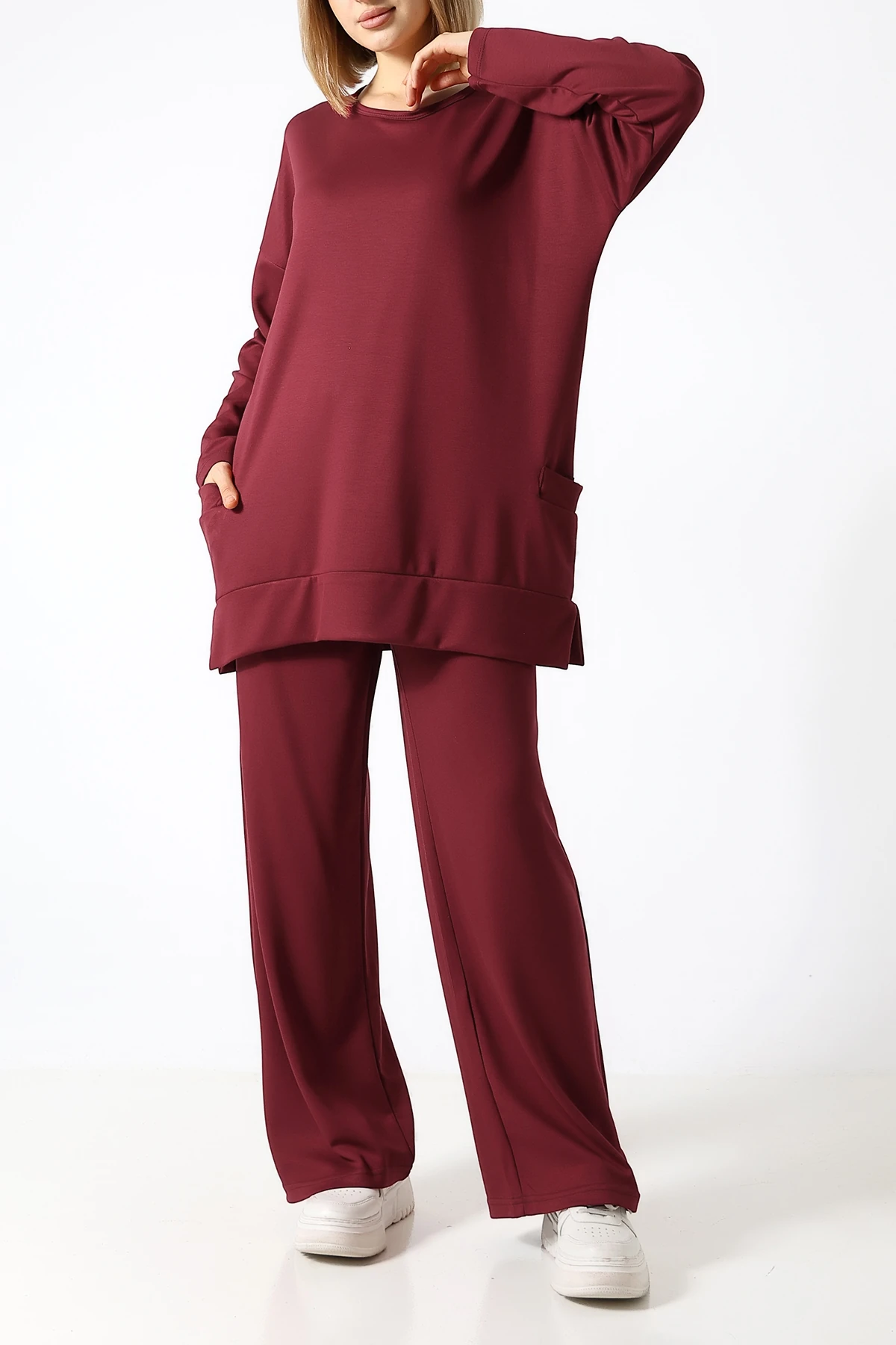 SABR Düz PolyViskon Kumaş İkili Takım – Rahat Kesim Tunik & Pantolon Kombini