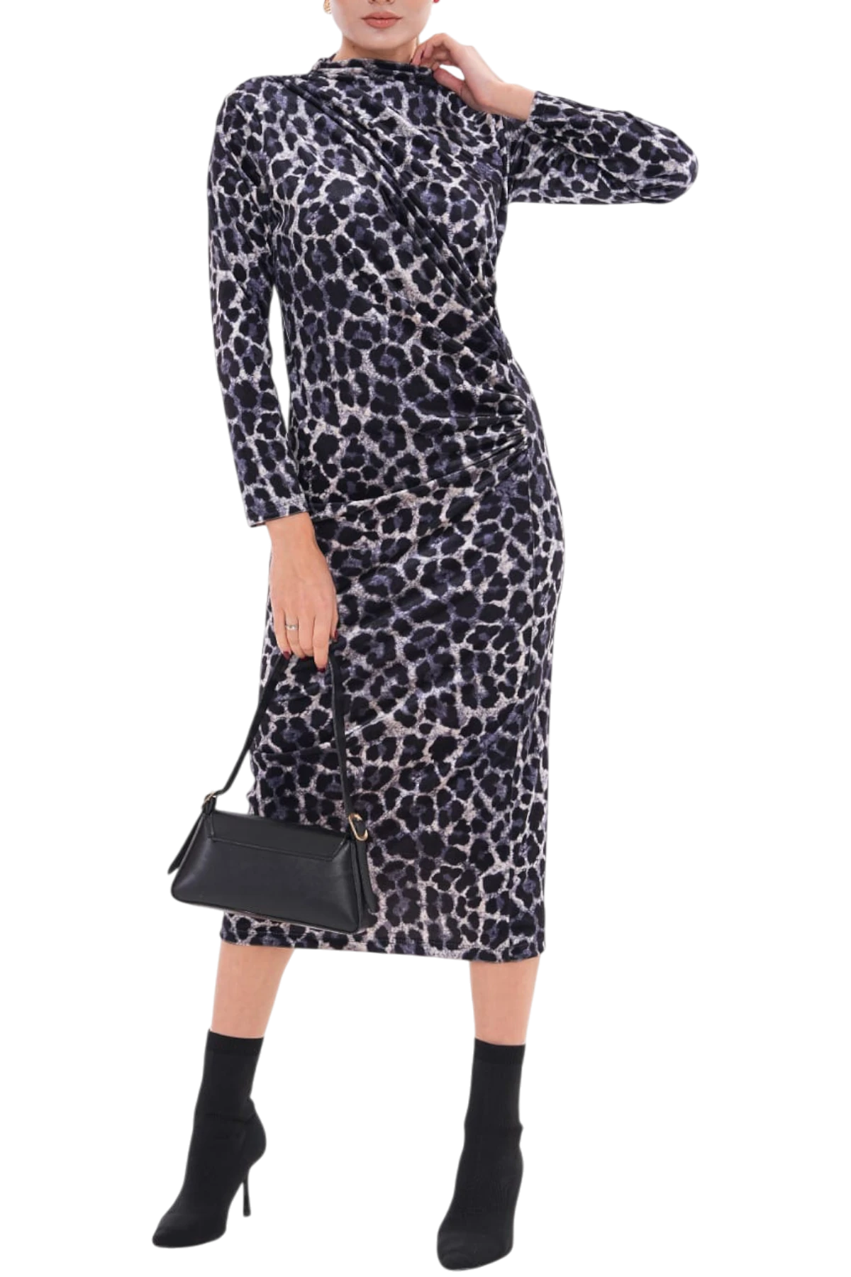 SABR Dijital Kadife Yarım Balıkçı Büzgü Detaylı Midi Elbise – Desenli Şık Elbise - Mavi Leopar