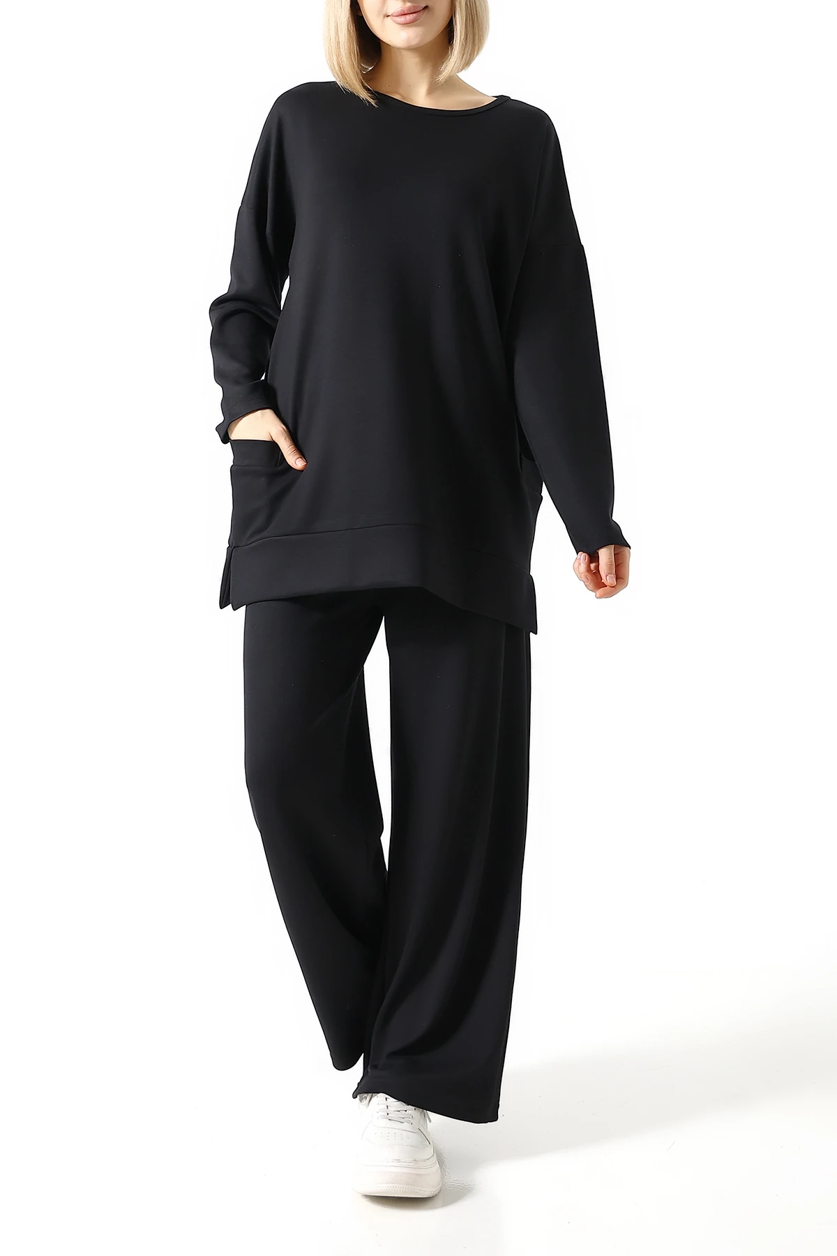 SABR Düz PolyViskon Kumaş İkili Takım – Rahat Kesim Tunik & Pantolon Kombini - Siyah PolyViskon