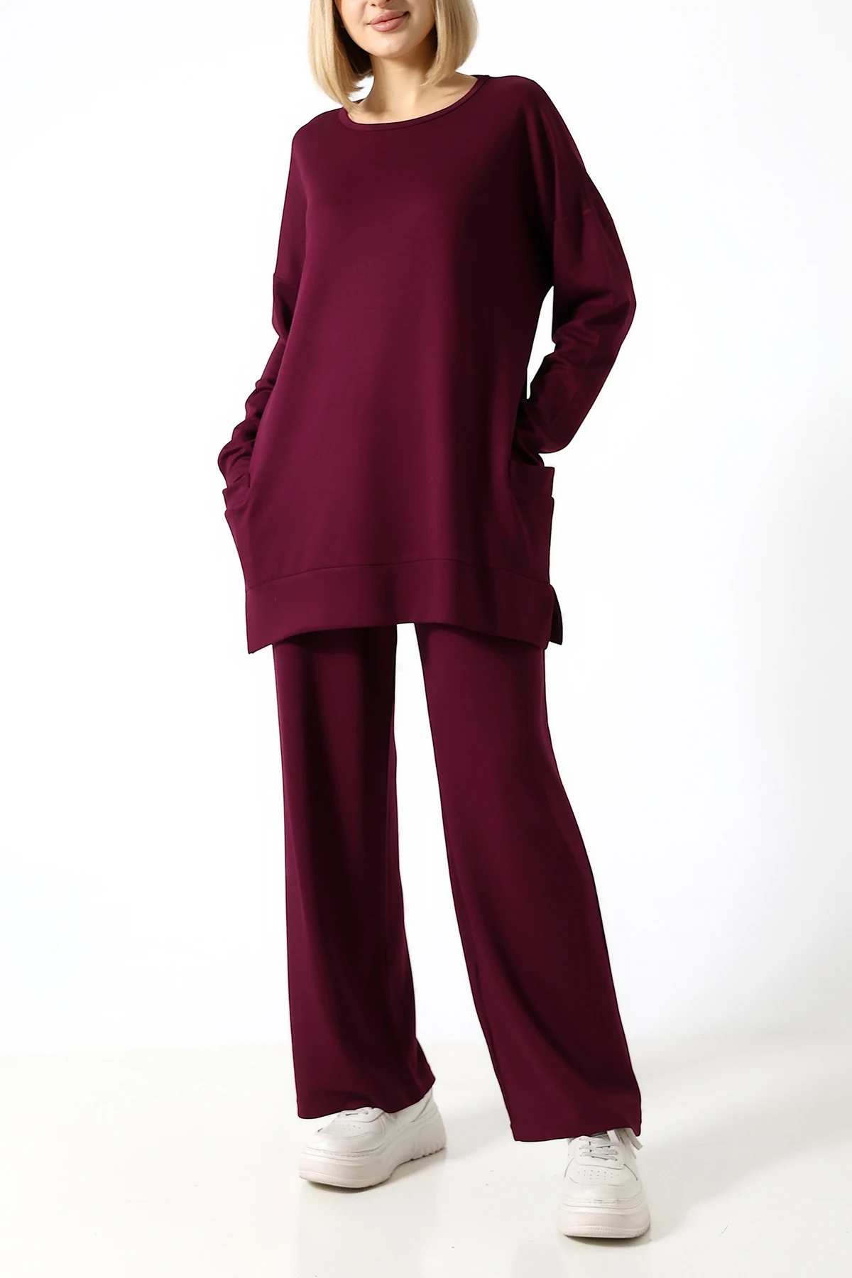 SABR Düz PolyViskon Kumaş İkili Takım – Rahat Kesim Tunik & Pantolon Kombini - Mürdüm PolyViskon