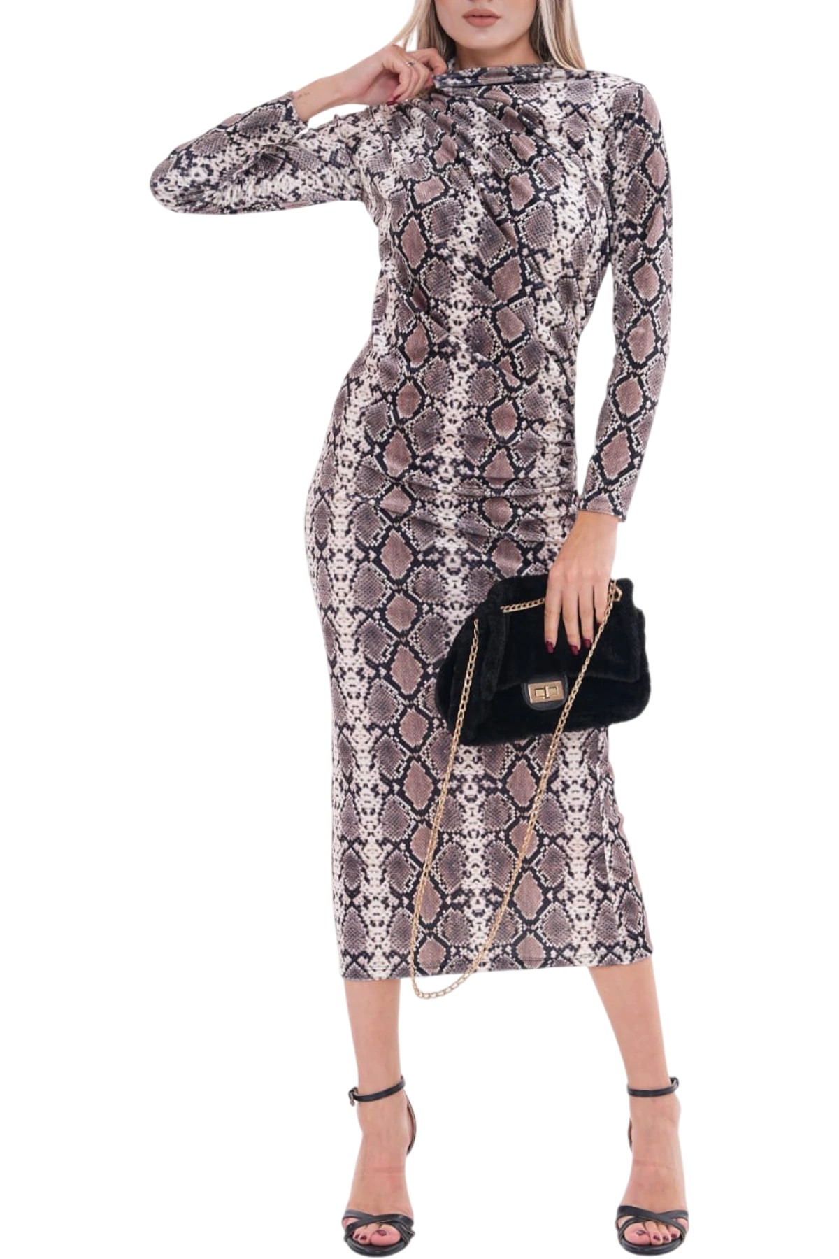 SABR Dijital Kadife Yarım Balıkçı Büzgü Detaylı Midi Elbise – Desenli Şık Elbise - Yılan Desen