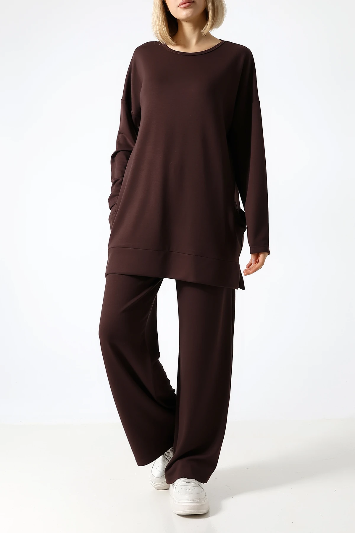 SABR Düz PolyViskon Kumaş İkili Takım – Rahat Kesim Tunik & Pantolon Kombini - Koyu Kahve PolyViskon