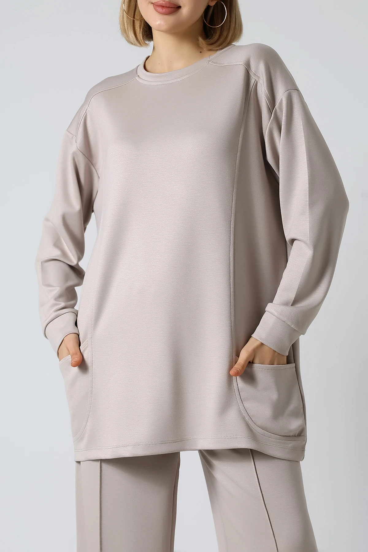 SABR Düz Polyviskon Cepli Tunik & Pantolon İkili Takım – Günlük Şık Kombin