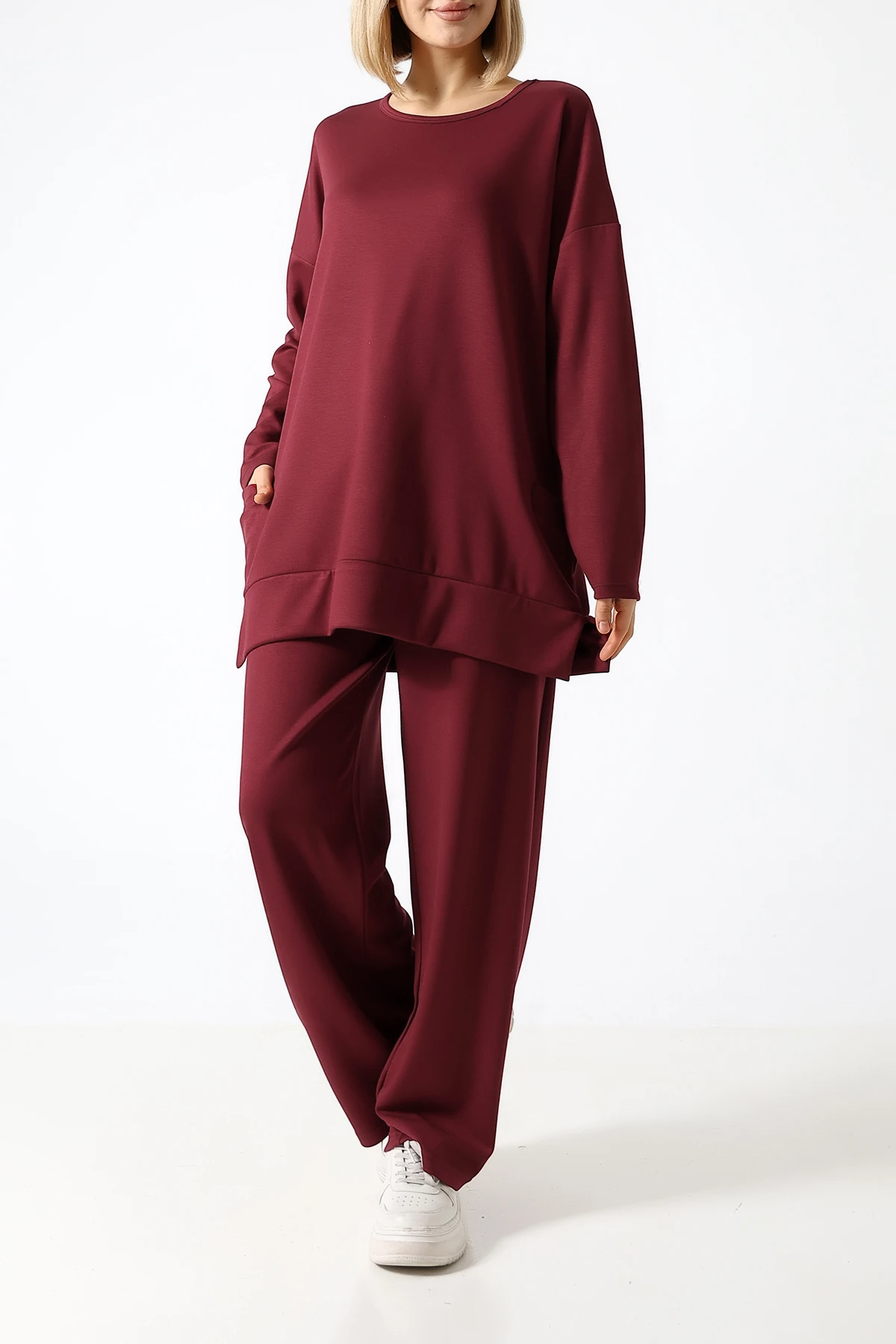 SABR Düz PolyViskon Kumaş İkili Takım – Rahat Kesim Tunik & Pantolon Kombini