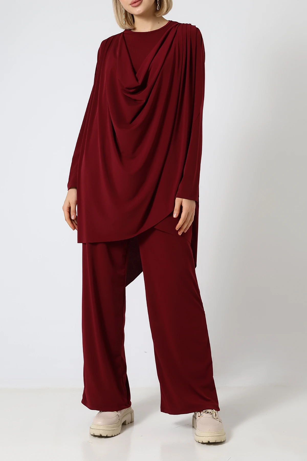 SABR Sandy Drapeli Asimetrik Tunik & Pantolon İkili Takım – Zarif Günlük Şıklık - Bordo Sandy