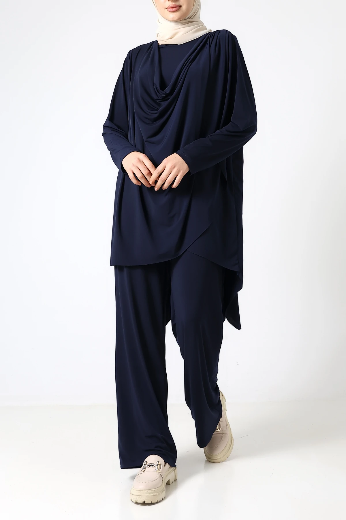 SABR Sandy Drapeli Asimetrik Tunik & Pantolon İkili Takım – Zarif Günlük Şıklık - Lacivert Sandy