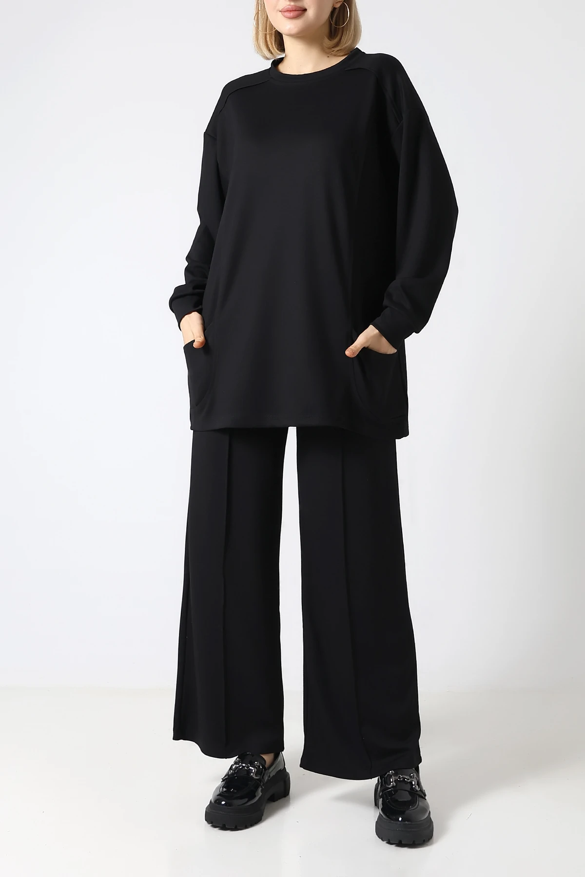 SABR Düz Polyviskon Cepli Tunik & Pantolon İkili Takım – Günlük Şık Kombin - Siyah PolyViskon