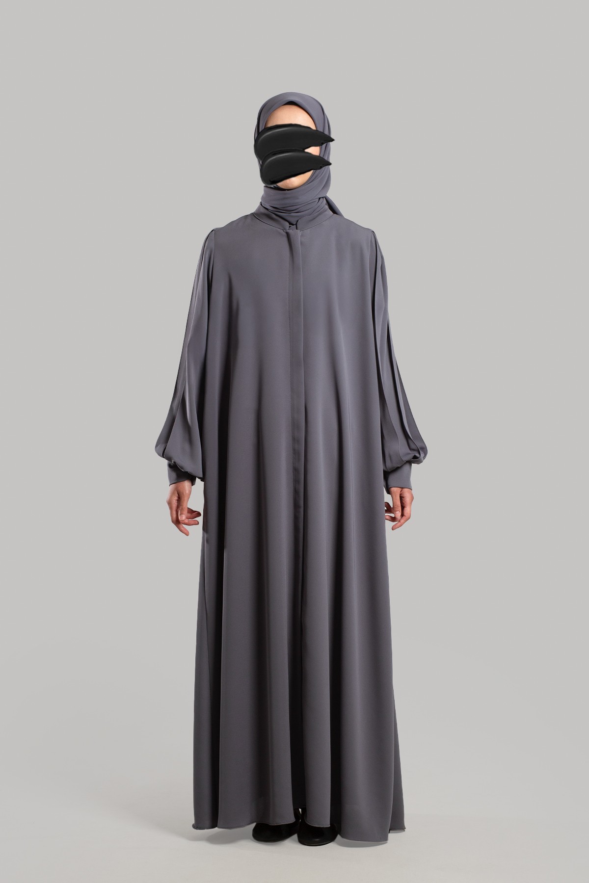 Pleated Sleeve Zipped Abaya - Gray