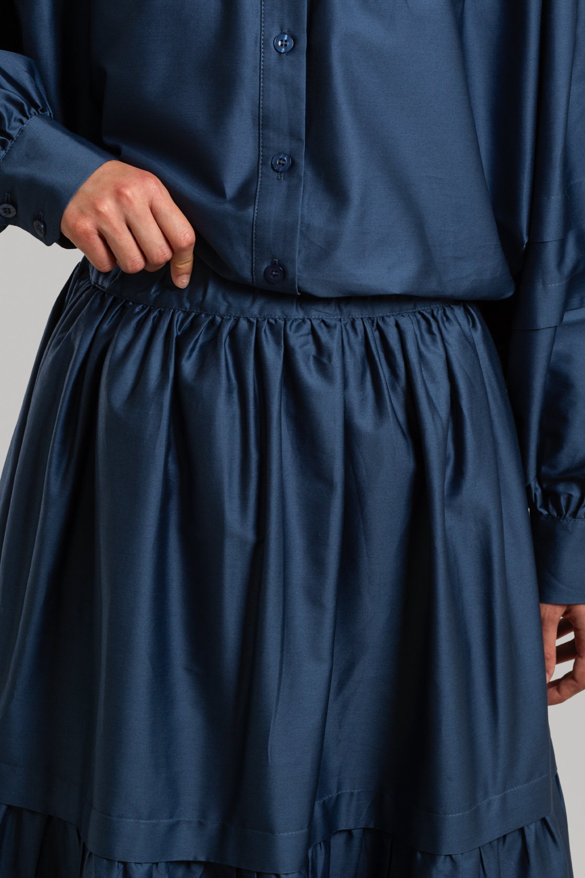 Cotton Skirt with Shoulder Pleat Detail - Steel Blue