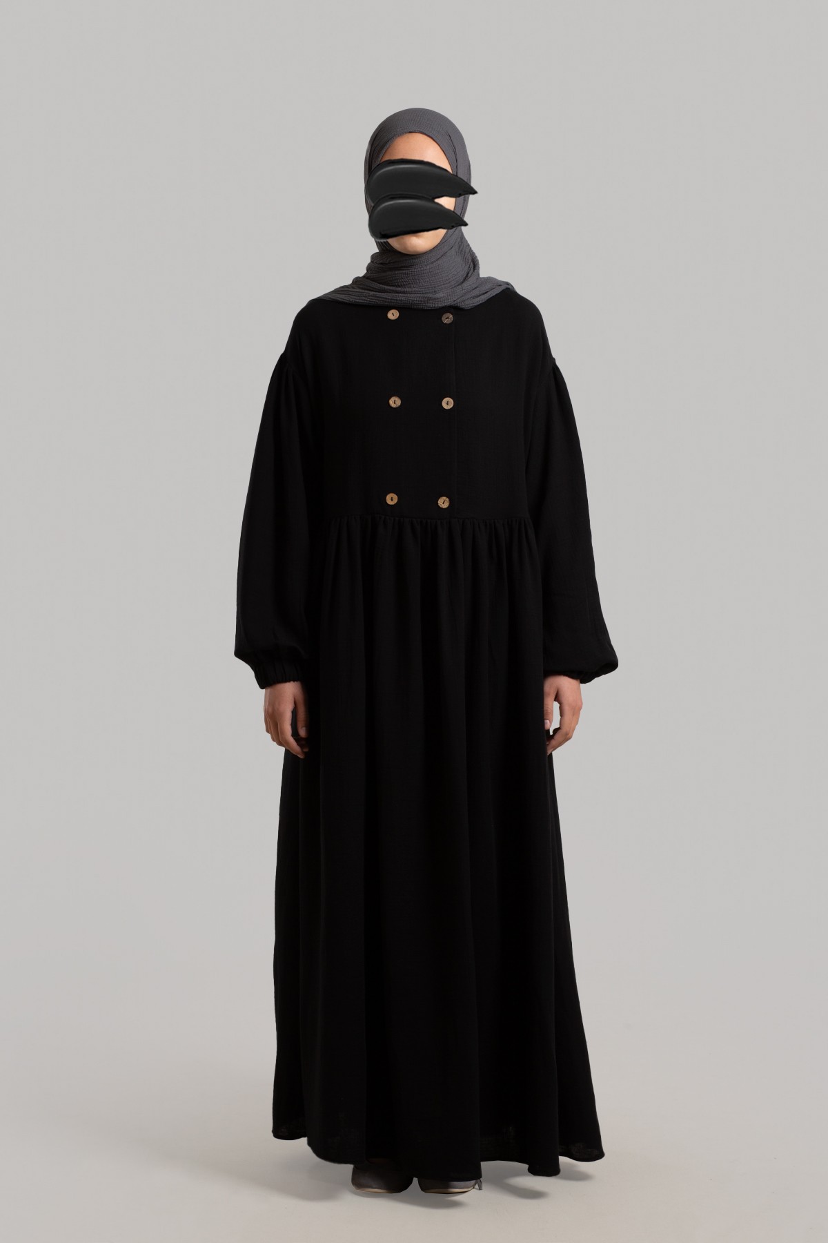Natural Buttoned Muslin Dress - Black