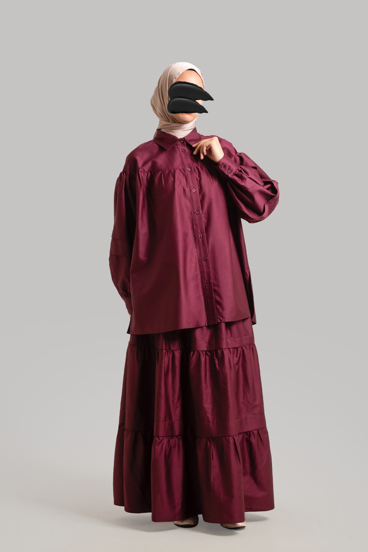 Cotton Skirt with Shoulder Pleat Detail - Burgundy