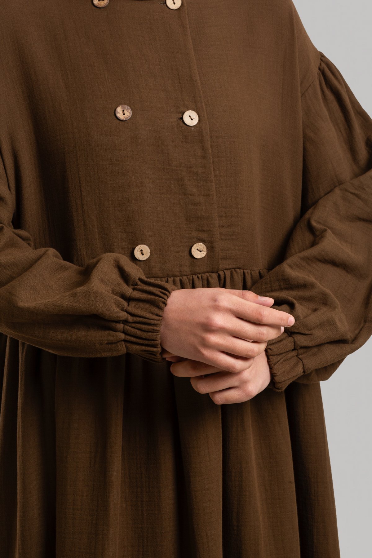 Natural Buttoned Muslin Dress - Bitter Brown