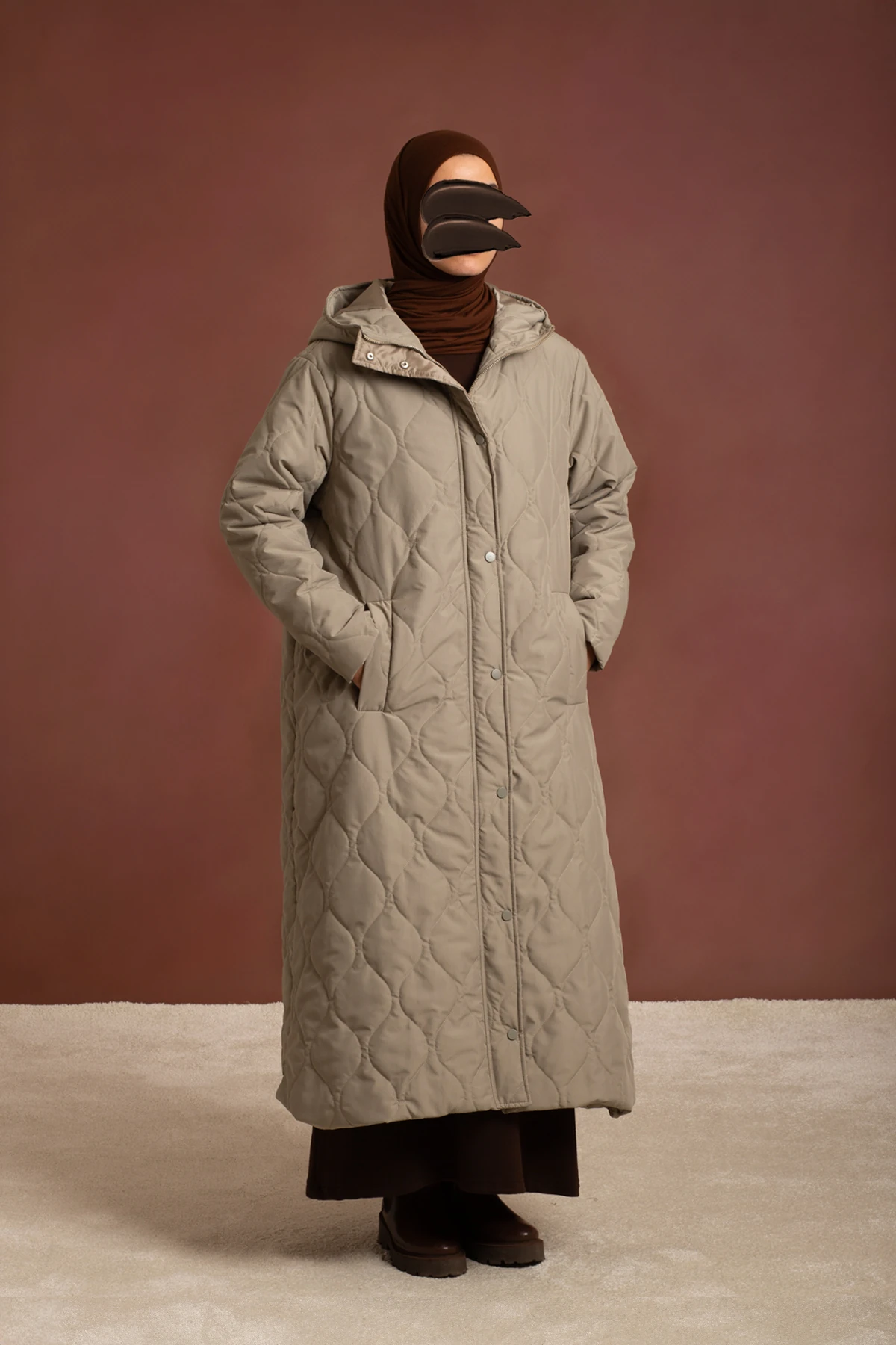 Hooded Long Quilted Coat - Soft Green