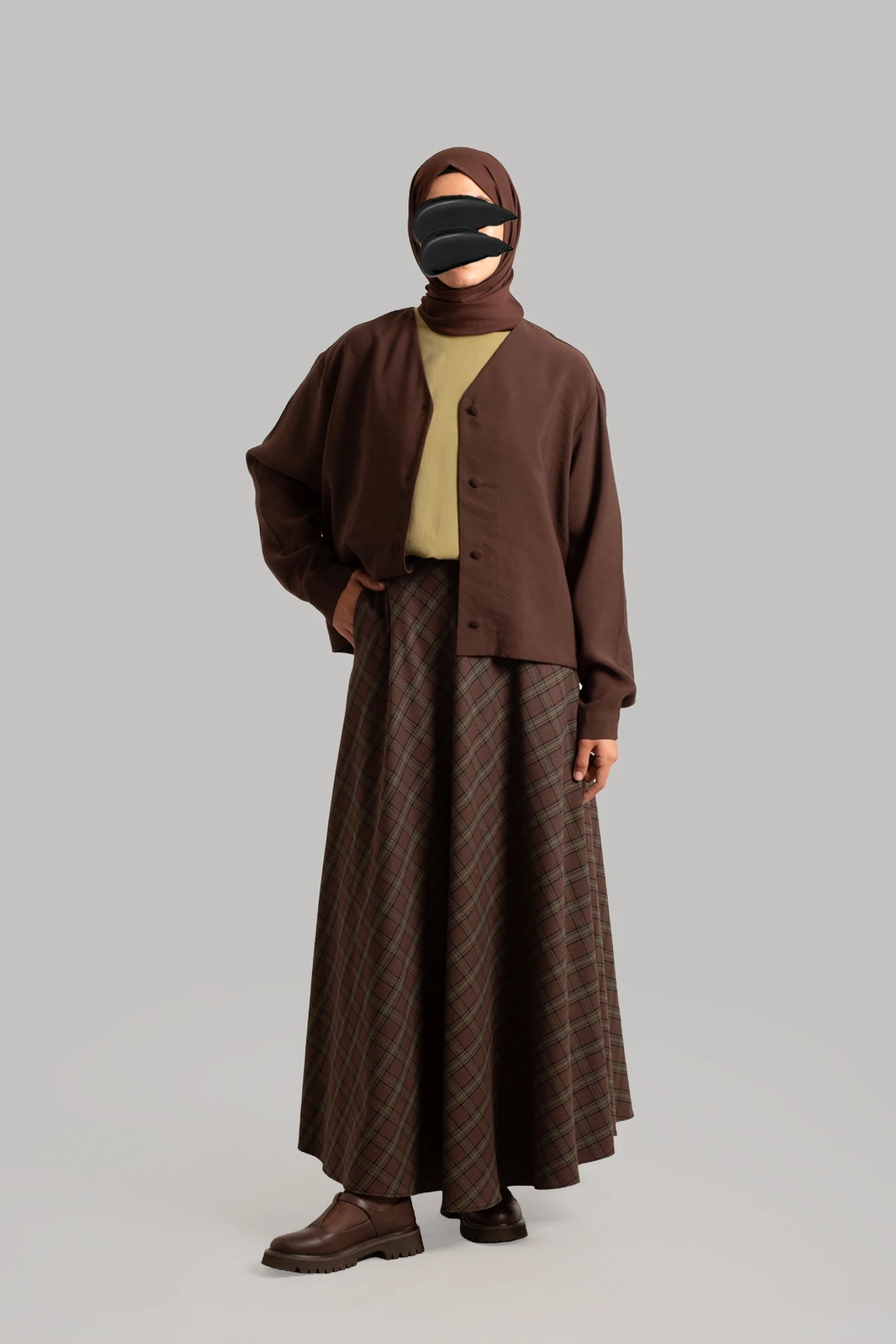 Plaid Cotton Flared Skirt - Brown