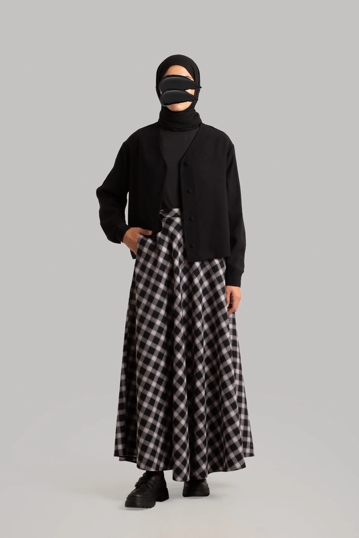 Plaid Cotton Flared Skirt - Black