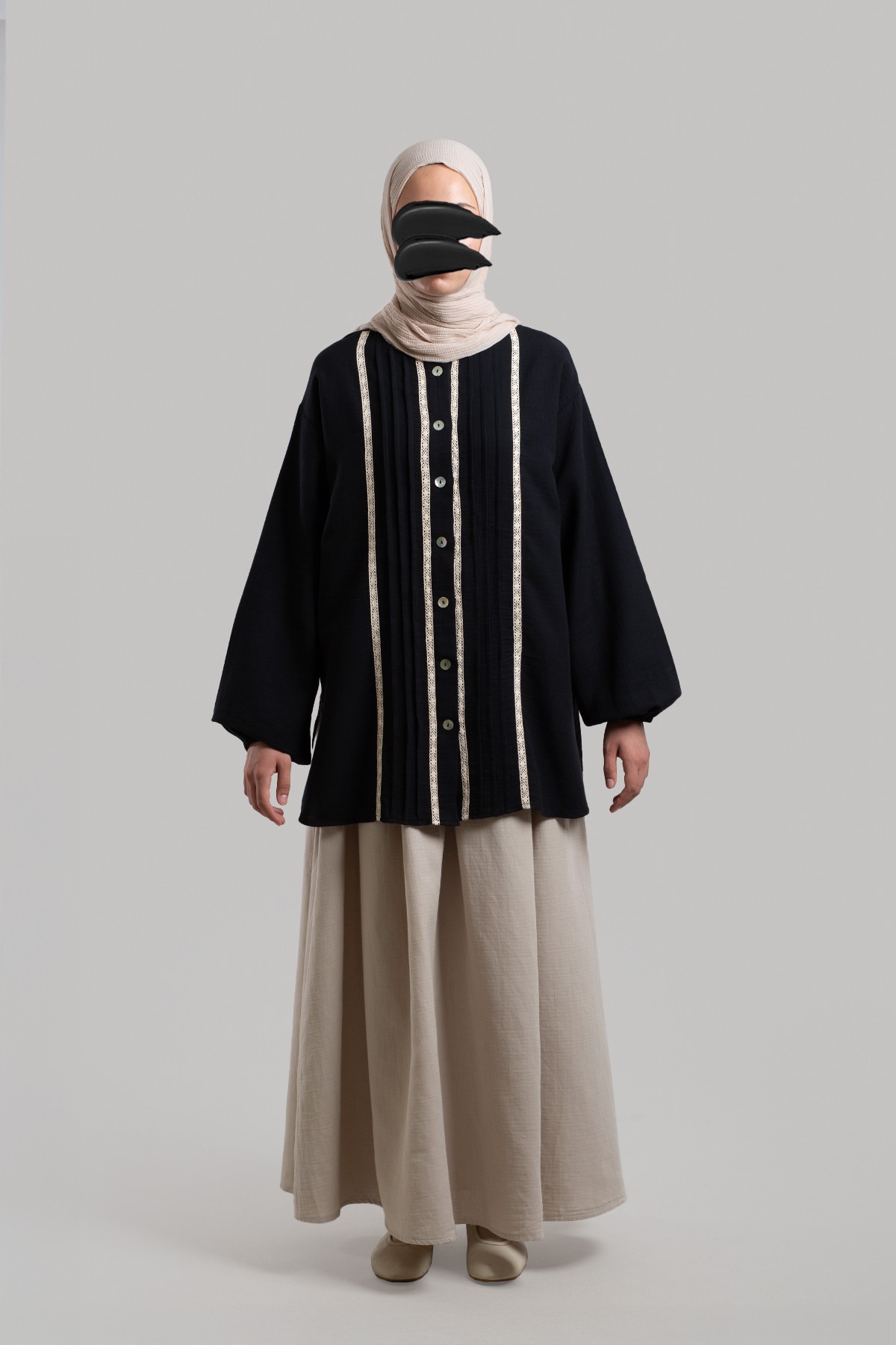Muslin Shirt with Pintuck Details - Black